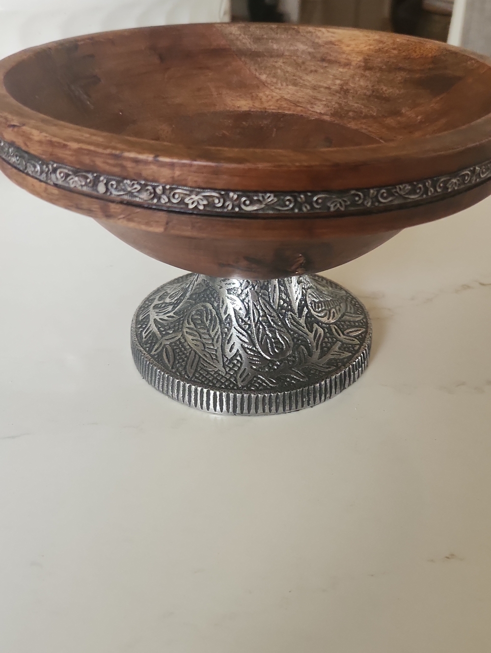 Hand-Carved Wooden Bowl with Ornate Silver-Tone Pedestal